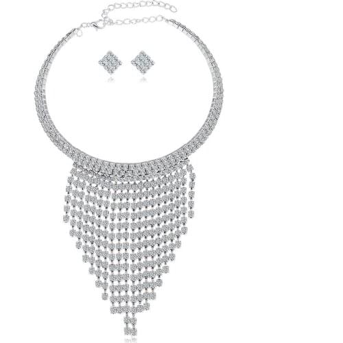 Tassel Bride Jewelry Set European American Temperament Water Drill Earring Choker Necklace for Women Two-piece Dress Accessories