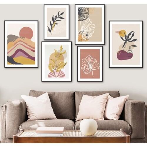 Mountain Leaf Color Block Line Sun Vase Wall Art Canvas Painting Nordic Posters And Prints Wall Pictures For Living Room Decor