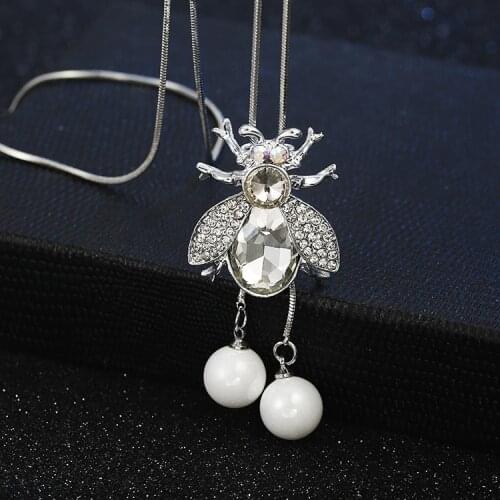 New Silver Crystal Bee Pendant Necklace Elegant Pearl Tassel Sweater Chain OL Long Necklace Jewelry Female Accessories