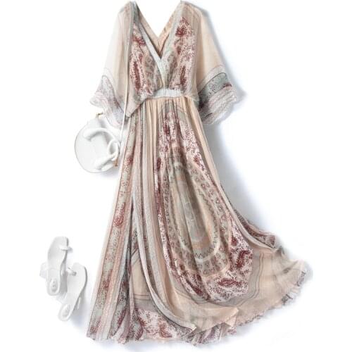 100% Silk Summer Dress 2021 Elegant Maxi Dresses for Women Casual Vintage Short Sleeve Dress Female Vestido De Mujer Pph4364