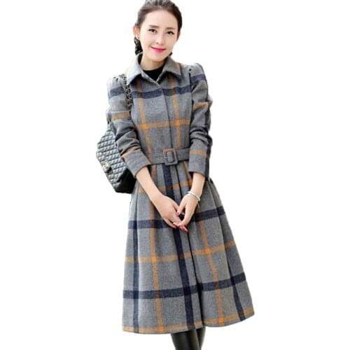 Women Autumn Winter Woolen Dress Fashion A-line Slim Warm Plaid Woolen Dresses Jacket Large size Wool Dress Female Clothes W166