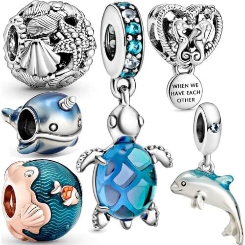 Ocean series 925 sterling silver sea turtle beads starfish charm fit Europe bracelet & necklace pendant fine jewelry for women