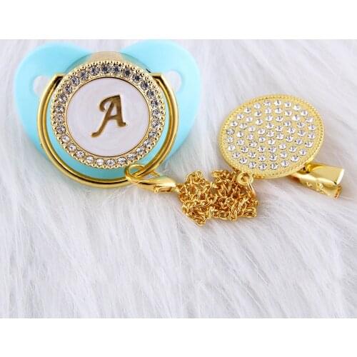26 Name Initial Letters Blue Baby Pacifier With Chain BPA Free Silicone Infant Nipple 0-12 Months Bling Newborn Dummy Soother