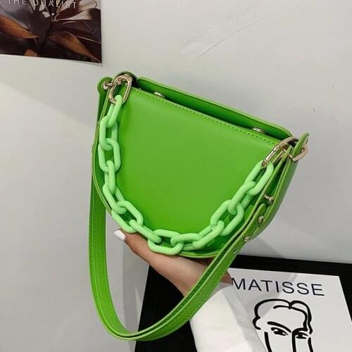 Acrylic Chain Summer Totes Mini PU Leather Saddle Crossbody Bags for Women 2021 Brand Fashion Green Shoulder Handbags and Purses