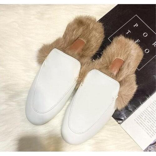 Hairy Slippers Womens Autumn And Winter Wear New Muller Shoes Net Red Lazy Shoes Flat Rabbit Fur Baotou Half Zapatillas De Casa