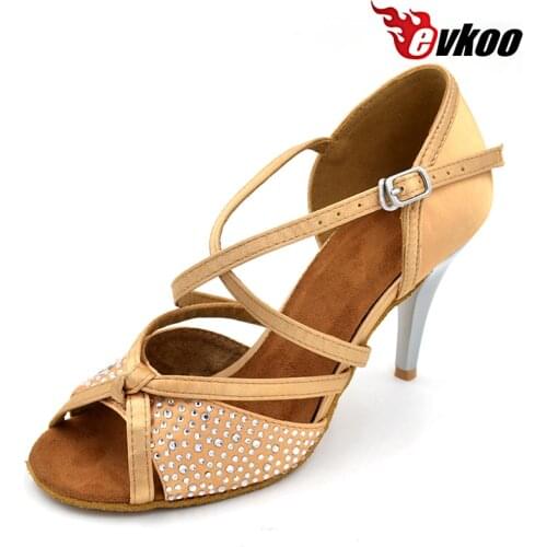 Evkoodance 8.5cm High Heel Leather Sole Satin With Rhinestone Latin Dance Shoes Zapatos De Baile Professional Woman Evkoo-052