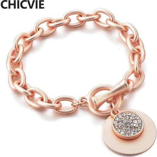 CHICVIE Fashion Gold Round shape Bracelet Designs Charm Distance Bracelets&Bangles For Women Stainless Steel Bracelets SBR190059