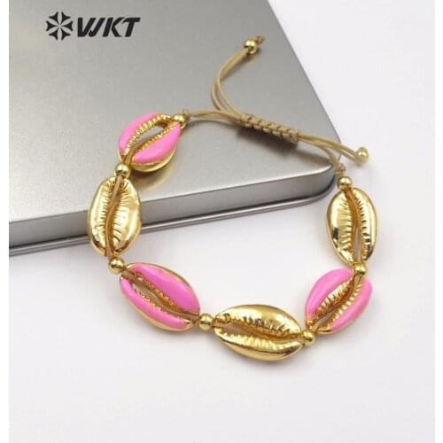 WT-B456 Zinc Alloy Cowrie Shell Shape Bracelet with Dip Gold Multicolor Optional Hand-knitted Tether Adjustable Ladies Jewelry