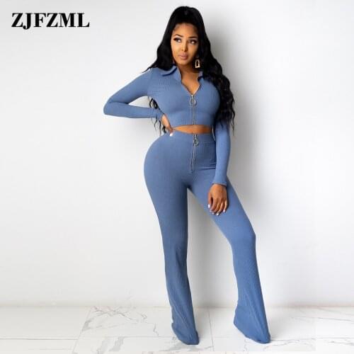 Womens Tracksuit Knitted Two Piece Suit Zipper Front Long Sleeve Crop Top and Zipper Up Bell Bottom Trouser Autumn Clothing