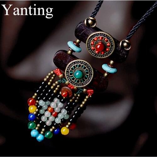 Yanting boho jewelry ethnic bohemian necklace for women natural stone pendant necklaces vintage maxi long rope chain necklace
