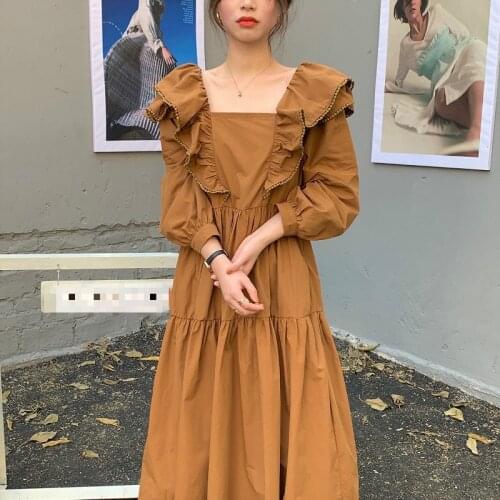 Leiouna Ruffles Fashion 2021 Spring Autumn New Vintage Yellow Ruffles Puff Sleeve Women Korean Style Sweet Vestidos Drsses