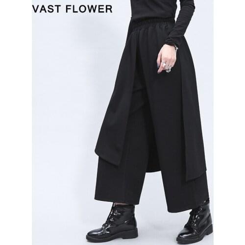 Black Irregular Spliced High Waist Wide Leg Pants Women New 2021 Spring Autumn Casual Loose Vintage Trousers Fashion Streetwear