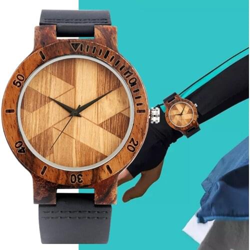 Creative Wood Watch Men Women Couple Quartz Imitate Ebony Wooden Watches Soft Black Leather Band Geometry Clock Wristwatch Reloj