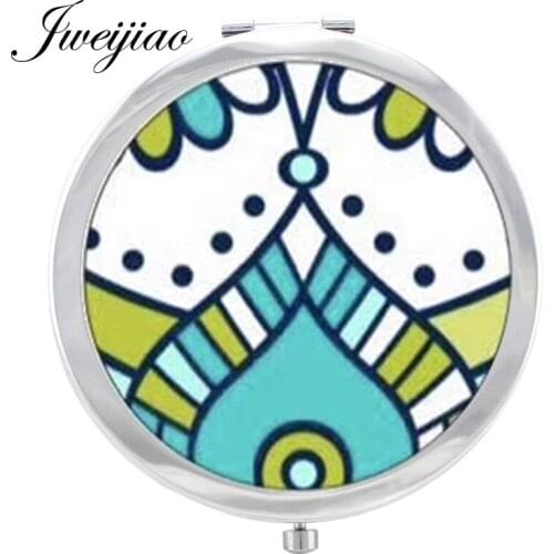 JWEIJIAO Henna Zen Chakra Geometry flower Pattern Makeup Mirror Floding Round Glass Cabochon pocket vanity mirror espejo