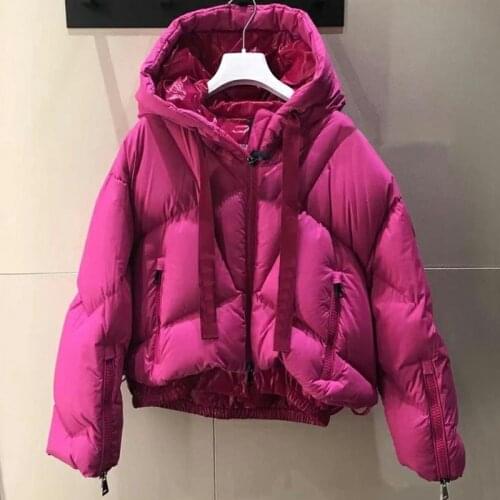 Rose Red Thick Warm Down Jackets Women Loose Short Hooded Bubble Coat 90% Duck Down Filling Zipper Female Parkas Streetwear