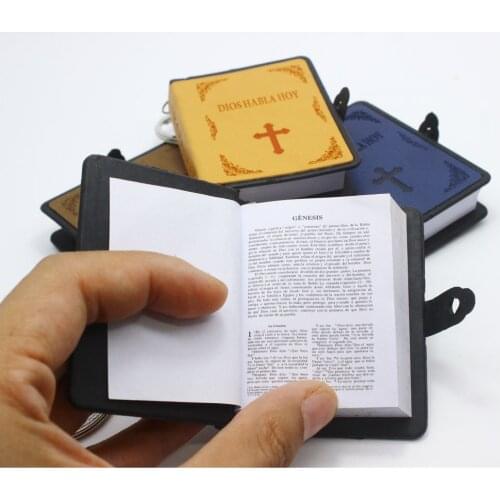 Mini English/Spanish HOLY BIBLE Keychains Religious Christian Cross Keyrings Leather Cover Small Real Book Pendants Key Chains