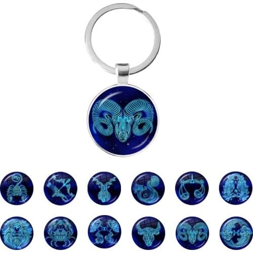 Fashion 12 Zodiac Signs Keychain Constellation Key Chain For Women For Men Glass Cabochon Pendant Keyrings Jewelry Birthday Gift