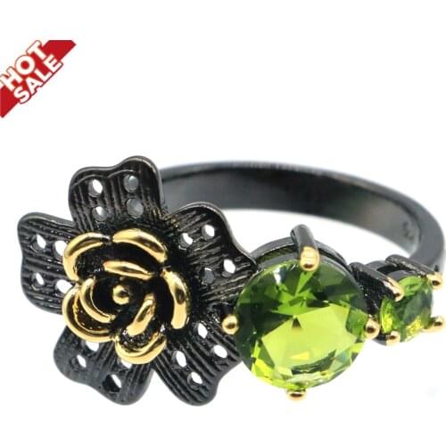 26x15mm Neo-Gothic Created Green Peridot Rhodolite Garnet For Sister Cool Black Metal Silver Rings Eye Catching