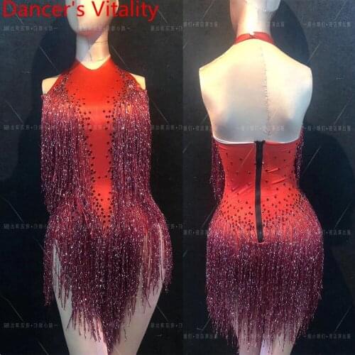 Nightclub Bar Sexy Tassel Red Pole Dancing Stage Wear Diamond Short Body Suit DS New DJ Women Singer Opening Dance Costume