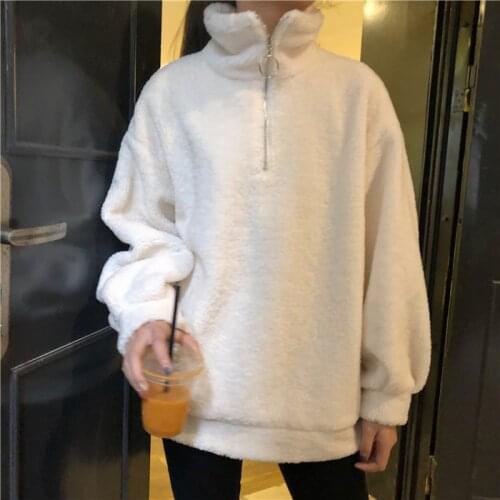 2021 Autumn and Winter New Plus Velvet Thick Casual Ladies Zipper Coat Loose Drawstring Stitching Lamb Plush Women Sweatshirt