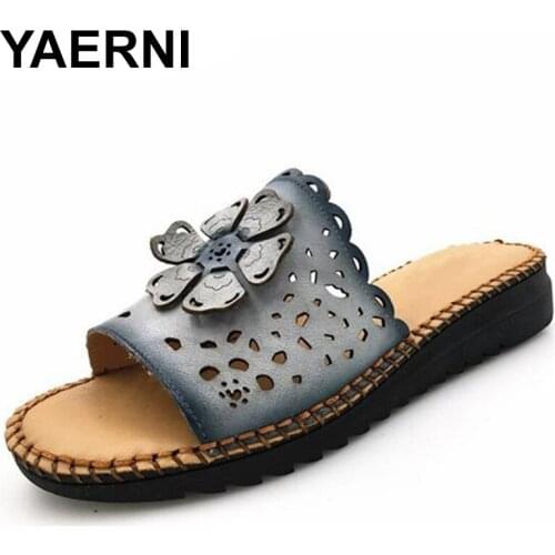 YAERNI Women slippers handmade genuine leather women sandals summer shoes flat antiskid women fashion slippers women sandals
