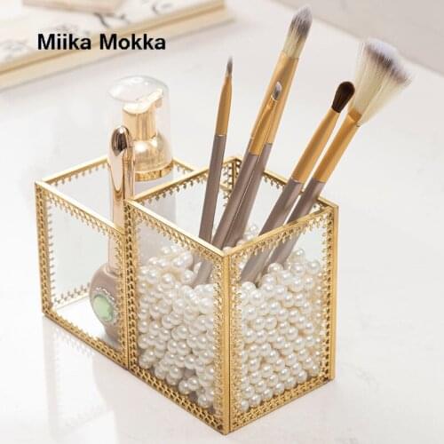 Glass Makeup Organizer Cosmetic Holder Makeup Tools Storage Pearls Box Brush Accessory Organizer Box with Beads