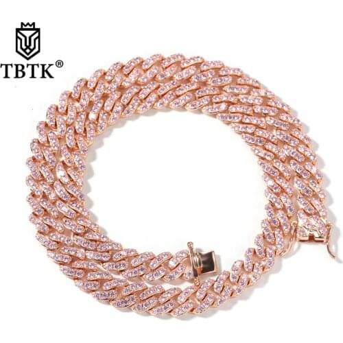 TBTK 9mm Iced Out Women Choker Necklace Rose Gold Metal Cuban Link Full With Pink Cubic Zirconia Stones Chain Jewelry
