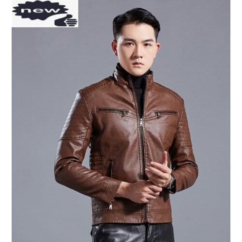 Slim Fit Moto Biker Zipper Mens Faux Leather Jackets Fashion Korean Casual Stand Collar Windproof Male Outerwear Coat Plus Size