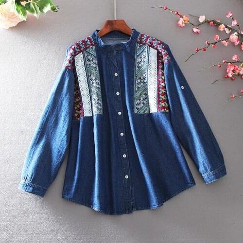 Womens spring autumn plus size vintage embroidery casual loose cowboy shirt ladys single breasted cotton blouse TB3971