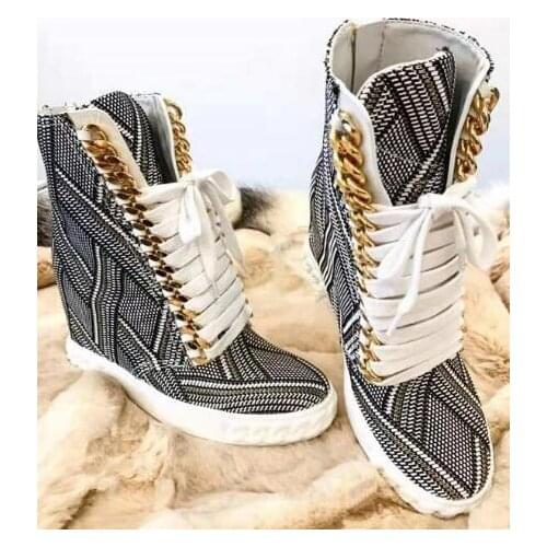 Moraima Snc Geometric Zipper Printing Women Fashion Lace Up Casual Shoes New Style Ladies Increased Heel Ankle Boots