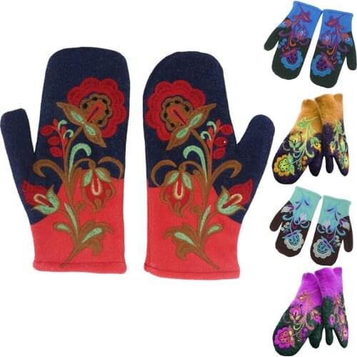 Women Winter Faux Cashmere Warm Full Finger Gloves Floral Embroidery Mittens