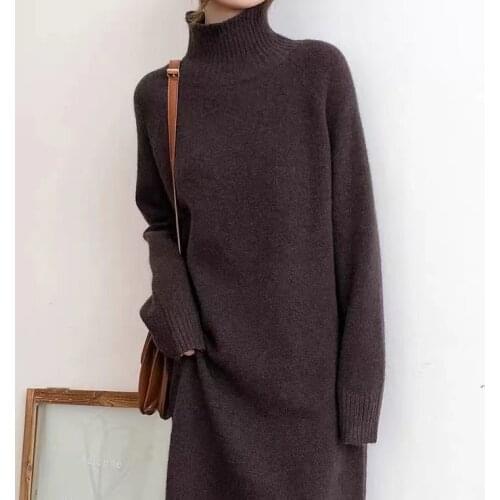 Women Turtleneck Solid Knitted Sweater Dress Female Autumn Winter Warm Dress Casual Full Sleeve Loose Long Vestidos Dresses Z798