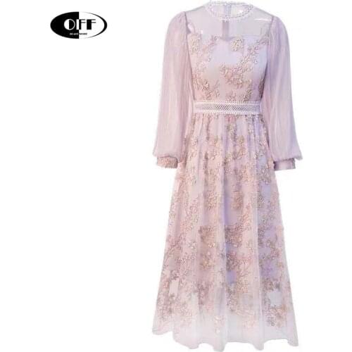 Designer Elegant Summer Women Midi-long Dresses Light fairycone zevity basic embroidery mesh lace up purple lady dress vestidos