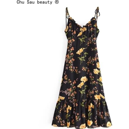 2021 Summer Spaghetti Strap Vintage Holiday Floral Print Folds V-Neck Ruffle A-Line Women Dress Lace-Up Vestido