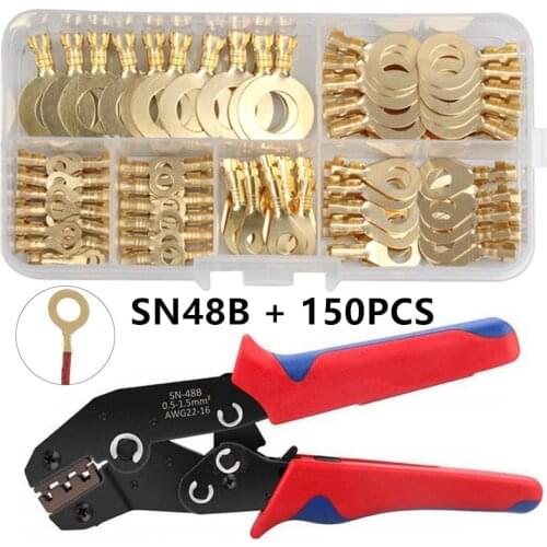 150PCS M3-M10 Ring Lugs Ring Eyes Copper Crimp Terminals Cable Lug Wire Connector Non-insulated SN48B Plier Assortment Kit