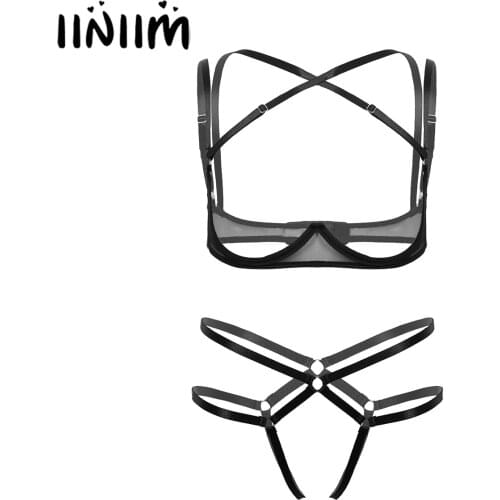 2Pcs Exotic Sets for Womens Bandage Lingerie Set Spaghetti Shoulder Straps Open Cups Bra Top with Crotchless Briefs Underwear