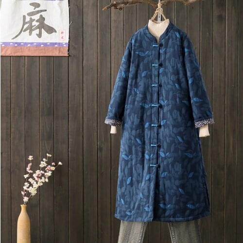 2020 Winter Women Vintage Robe Parkas Cotton Linen Coats Floral Jacket Chinese Style Clothing Women Warm Parkas 11713