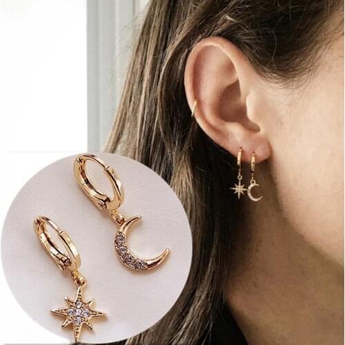 2021 Korean Fashion Star Moon Earrings Asymmetric High Sense Women Crystal Earrings Exquisite Allergy Resistant Jewelry Gift