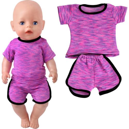43 Cm Boy American Dolls Clothes 2Pcs/Set Summer Purple Sportswear T-Shirt Shorts Born Baby Toy Accessories 18 Inch Girls f212