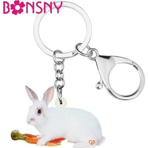 Bonsny Acrylic White Easter Carrot Hare Rabbit Bunny Keychains Print Animal Keyring Jewelry For Women Girl Kid Bag Car Accessory