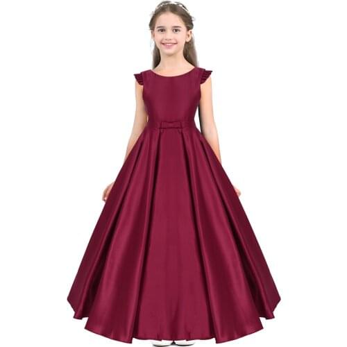 Kids Elegant Princess Dress For Girls Satin Fly Sleeves Bowknot Gown Flower Girl Dresses Wedding Pageant Evening Party Dress