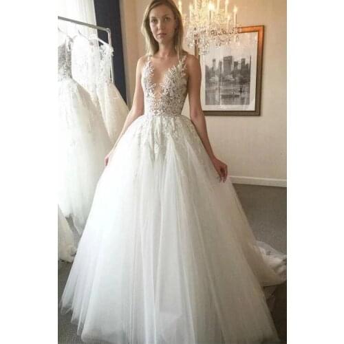 Long Tulle Lace Appliques Wedding Dresses for Bride 2021 A Line Sleeveless Sheer Neck Bridal Gowns vestido de noiva