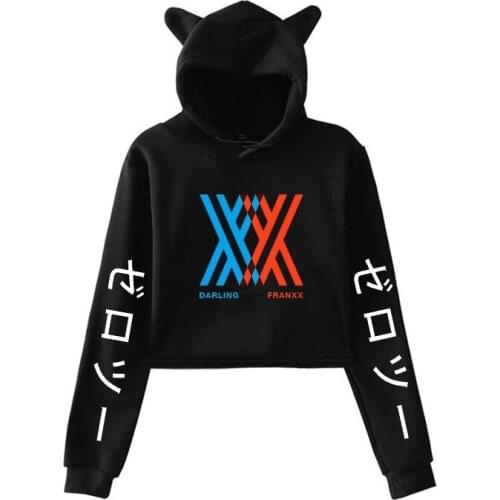 Teen Girls Cute Cat Ear Hoodie DARLING In The FRANXX Print Trim Sweatshirt Crop Top Long Sleeve Pullover Hoodies Loose Pullover