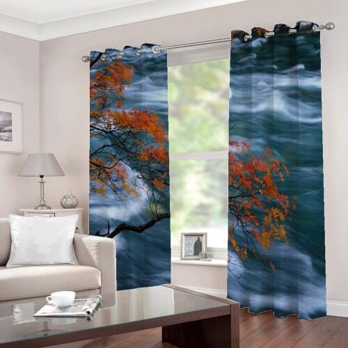 Photo Customized Nature Landscape Fresh Maple leaves waterfall landscape Curtain Large Window For living room Bedroom Drapes