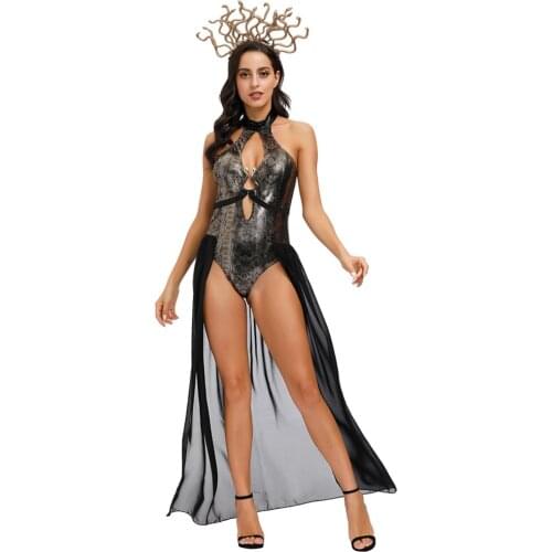 Jumpsuit+Headwear Sexy Ancient Greek Myth Snake Print Siamese Costume Snake Siren Witch Cosplay Halloween Fancy Party Dress