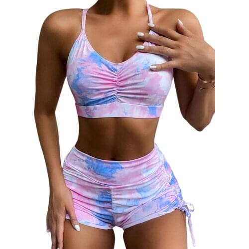 Womens Tie-dyed 2Pcs Bikini Set, Sports Style V-neck Crop Sling Tops with Boxer Briefs Bottom, Fashion and Energetic Swimsuit