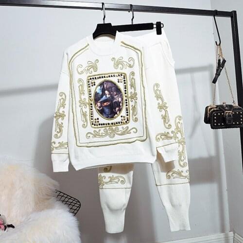 Autumn Loose Knitting Two Piece Outfits Women Rivet Print Long sleeve Knitted Sweater Long Harem Pants Set Knit Ladies Tracksuit