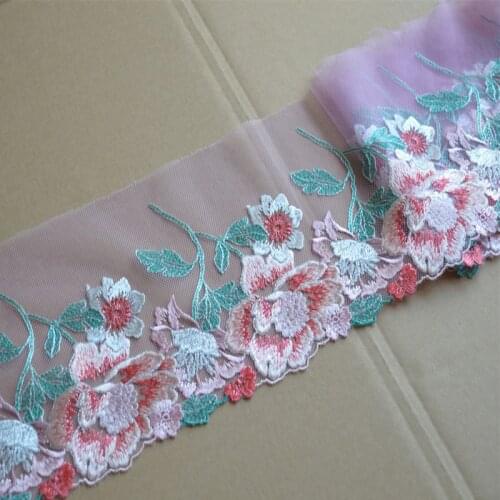 2Yds/Lot 14Cm Wide Pink Gazue Fluorescent Red,Pink,Green Mixed Floral Embroidery High Quality Lace Trim For Garments And Wedding