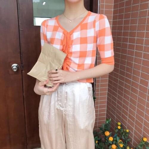 Summer Retro Lattice Top Short Sleeve Women T-Shirt Casual Drawstring Knitted Crop Tops