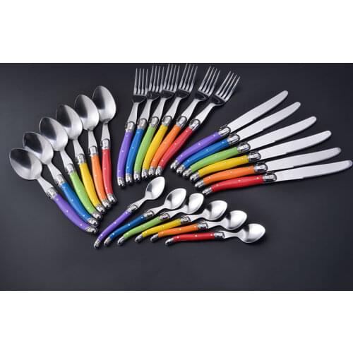24pcs Laguiole Style Rainbow Dinnerware set Stainless steel Steak Knife Dinner Fork Teaspoon Kitchen Cutlery Set Party Gift Cake